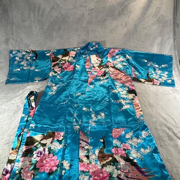 Zhong Sang Kimono Women's Large Long Blue Peacock & Floral Print Twisting Satin - Picture 7 of 11